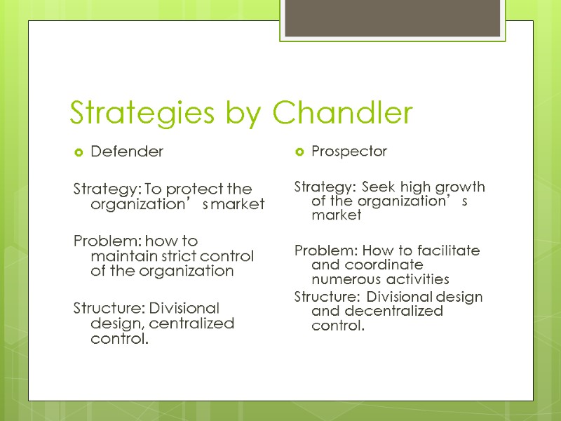 Strategies by Chandler Defender  Strategy: To protect the organization’s market  Problem: how